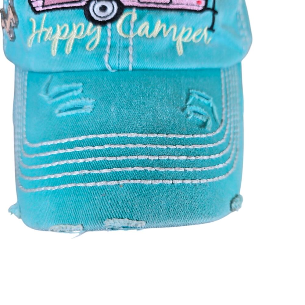 Happy Camper Slideback Hat Greenish-Blue One Size Adjustable Distressed Dog Pin - Picture 4 of 10